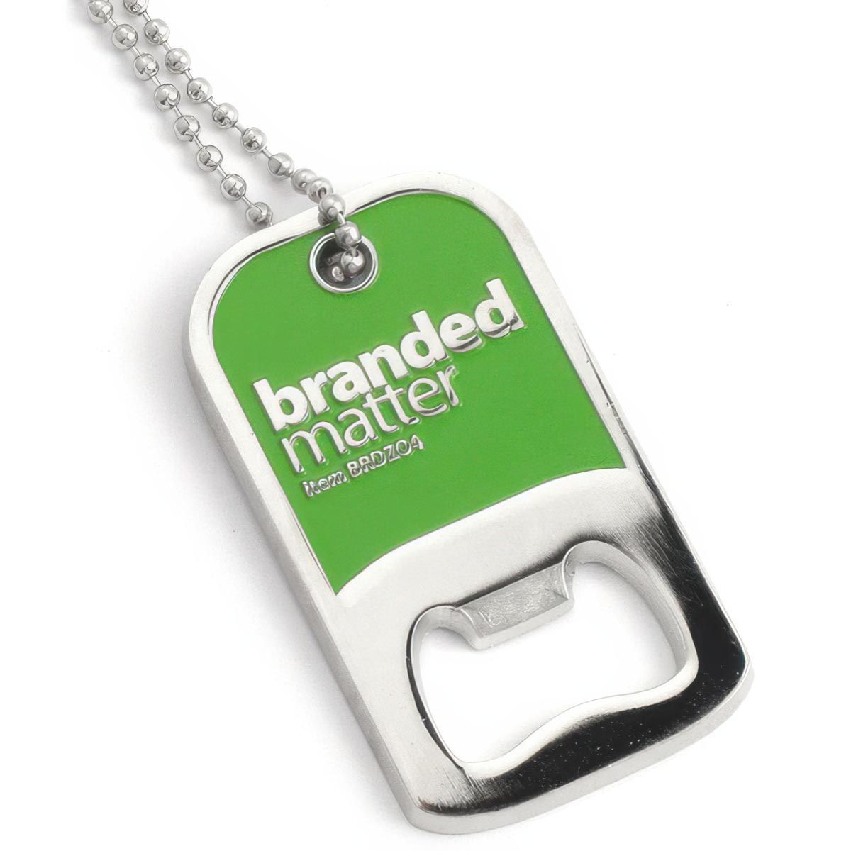 Metal dog tag bottle opener with a silver base and green accent. Customized with a branded matter logo