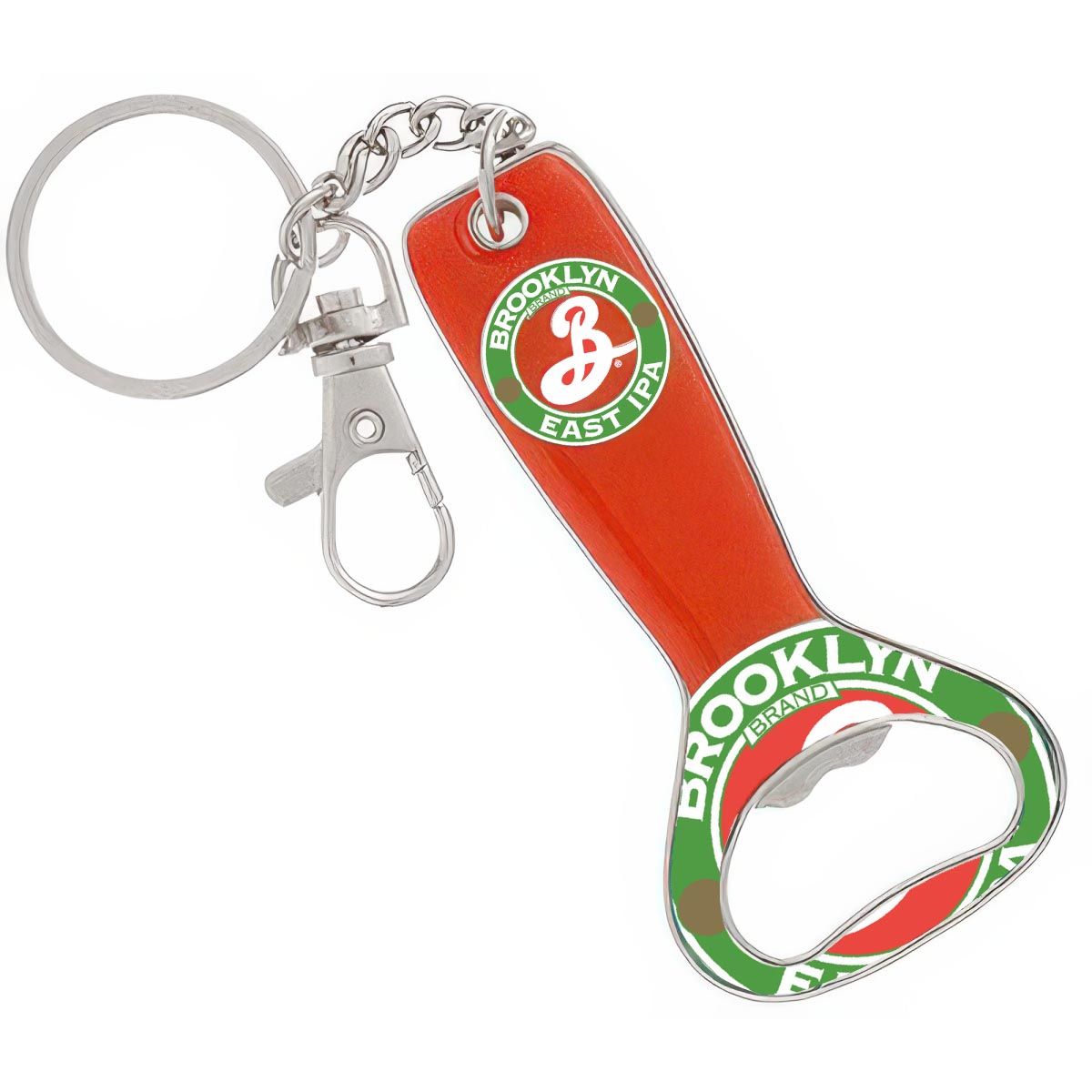 Bartender style bottle opener with keychain attachment. The opener is customized with a red base and branding featuring a logo from Brooklyn Brewery.