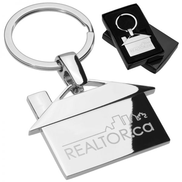 Custom laser engraved metal keychain shaped like a house