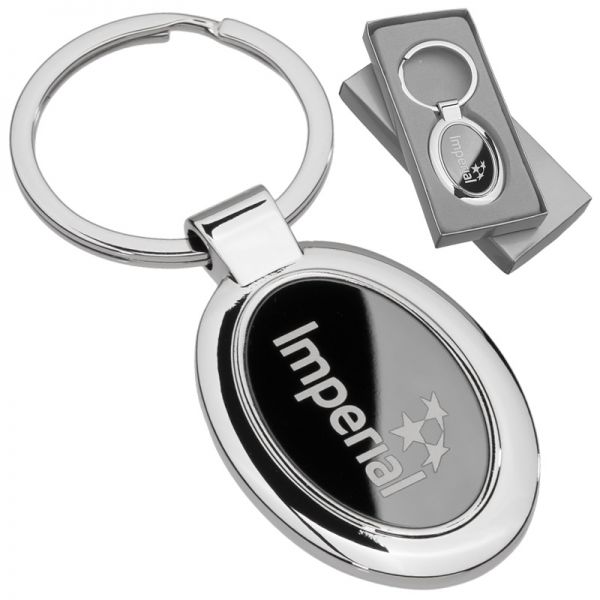 Custom laser engraved onyx oval metal keychain