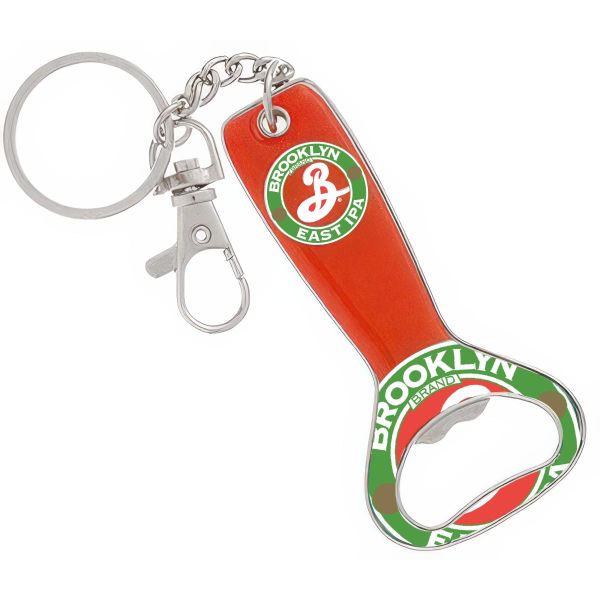Bartender style bottle opener with keychain attachment. The opener is customized with a red base and branding featuring a logo from Brooklyn Brewery.