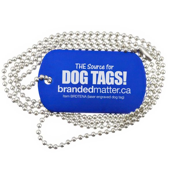Blue dog tag surrounded by a silver ball chain attachment. The engraved text on the tag reads 
